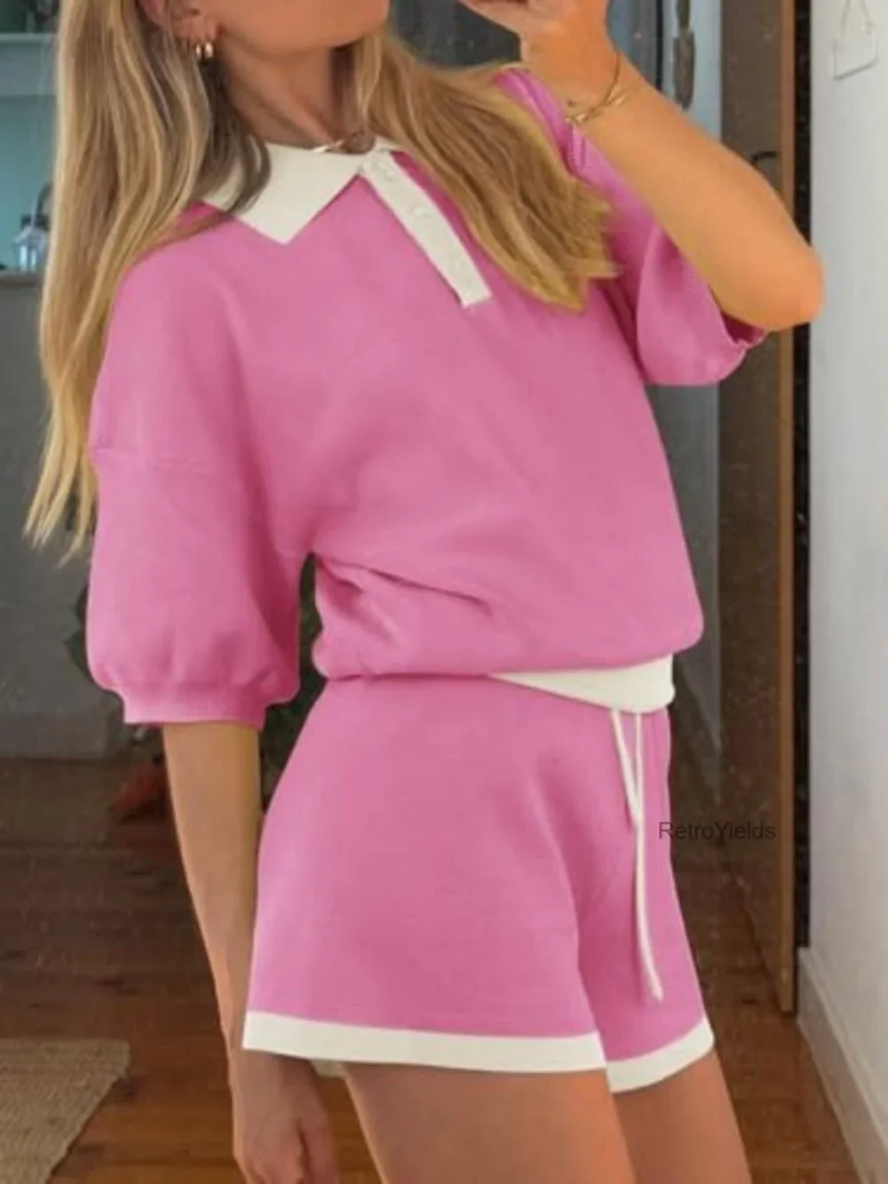 2 Piece Knit Short Set Short Sleeve Collared Top Matching Lounge Outfit